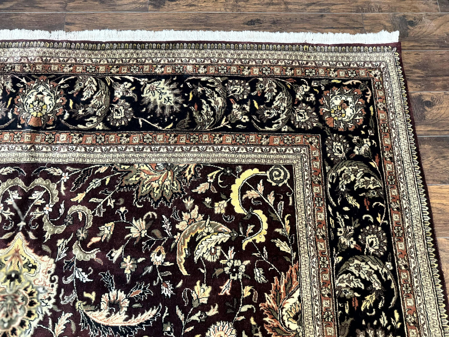 Indo Persian Rug 10x14 Handmade Wool Floral Allover Vintage Dark Maroon Plum Black