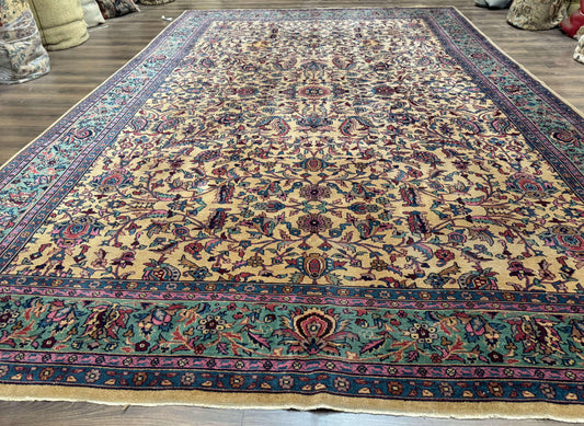 Rare Antique Persian Samarkand Rug 10x15 Camel And Cyan Allover Pattern