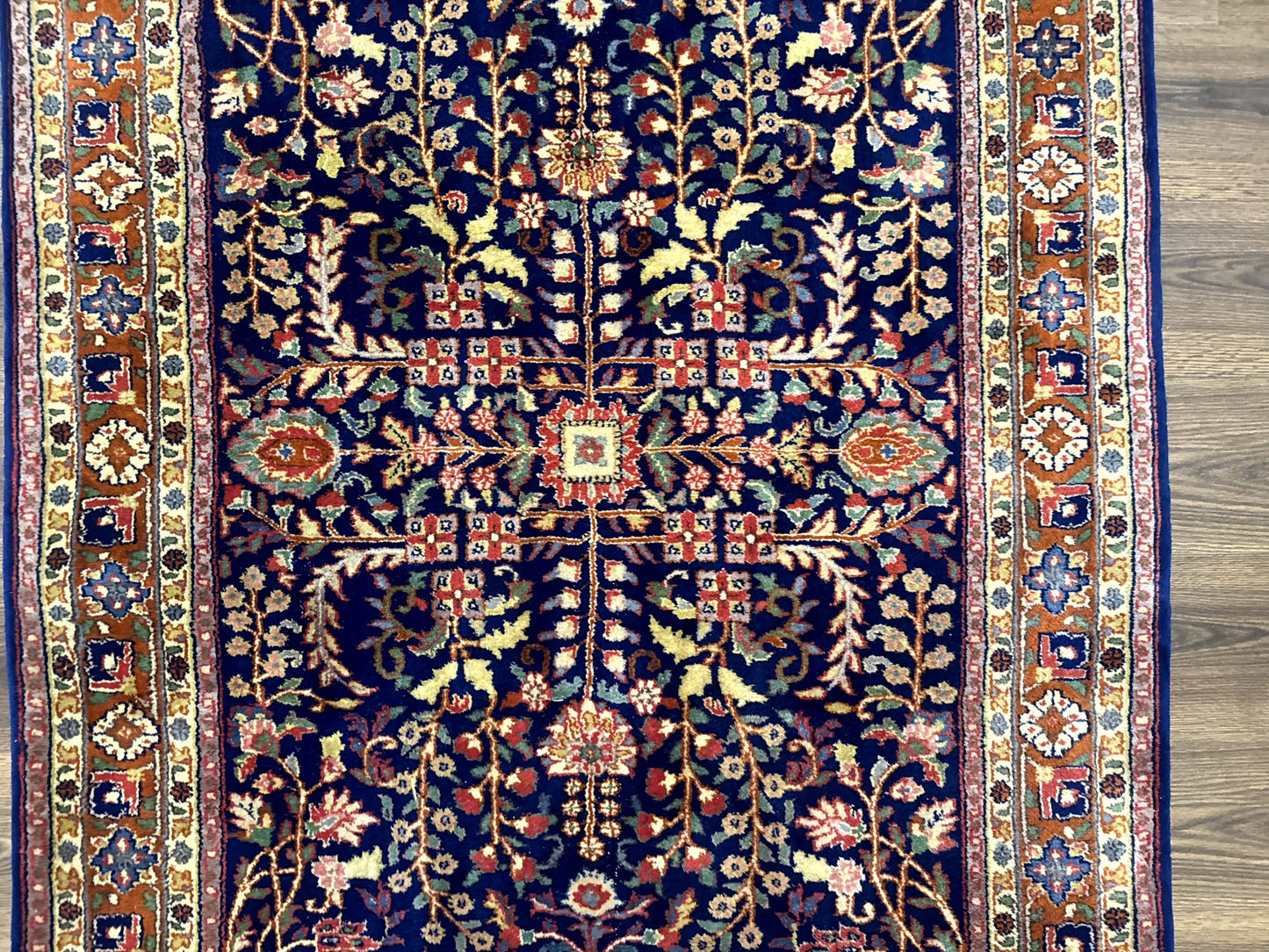 Indo Persian Sarouk Rug 4x6, Blue and Rust Red