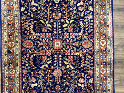 Indo Persian Sarouk Rug 4x6, Blue and Rust Red