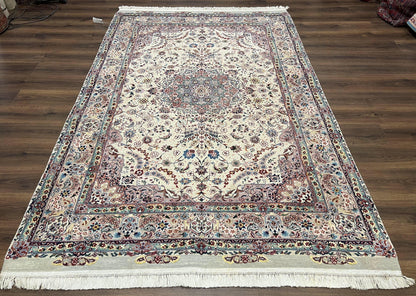 Persian Rug 6x9 Floral Medallion Wool Silk Handmade Vintage Oriental Cream Gray