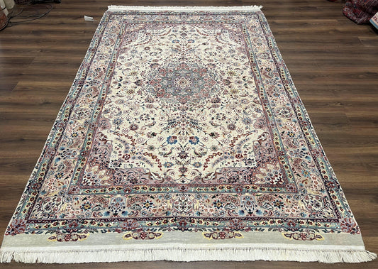Persian Rug 6x9 Floral Medallion Wool Silk Handmade Vintage Oriental Cream Gray