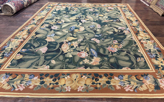 Needlepoint Rug 8x10, Vintage, Handmade, Wool, Green, Leaves & Fruits