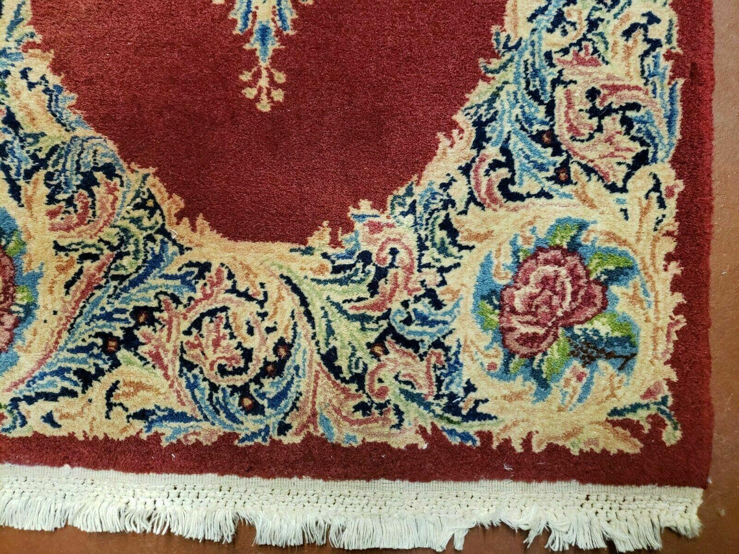 Persian Kirman Rug Hand Knotted Wool 2x4 Vintage Floral Medallion Red Beige