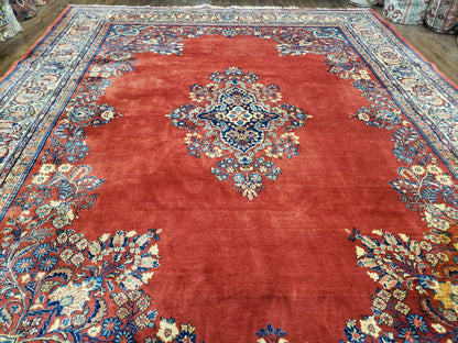 Semi Antique Persian Sarouk Rug 9x12 Hand Knotted Wool With Central Medallion Tomato Red