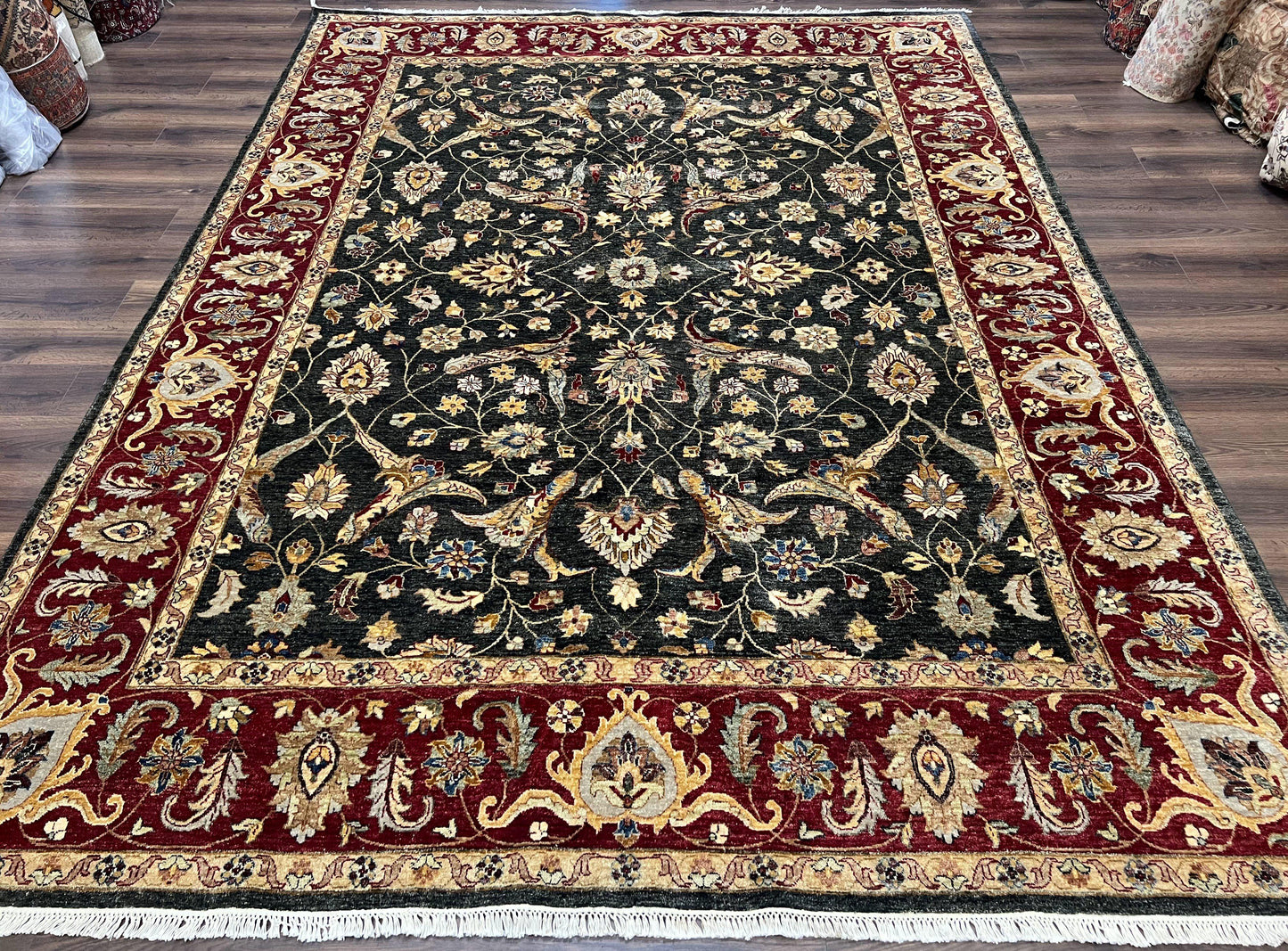 Pak Persian Mahal Rug 9x12, Allover Floral Pakistani Oriental Carpet 9 x 12, Wool Hand Knotted Area Rug, Dark Slate Gray-Black and Maroon