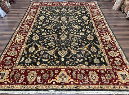 Pak Persian Mahal Rug 9x12, Allover Floral Pakistani Oriental Carpet 9 x 12, Wool Hand Knotted Area Rug, Dark Slate Gray-Black and Maroon