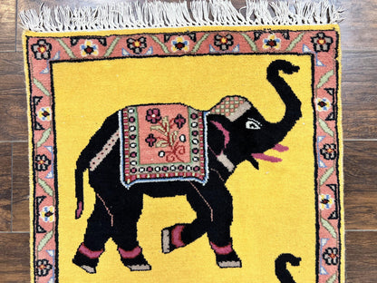 Unique Indian Pictorial Rug 2x3, Small Wool Hand Knotted Oriental Carpet, Yellow, Two Elephants, Handmade