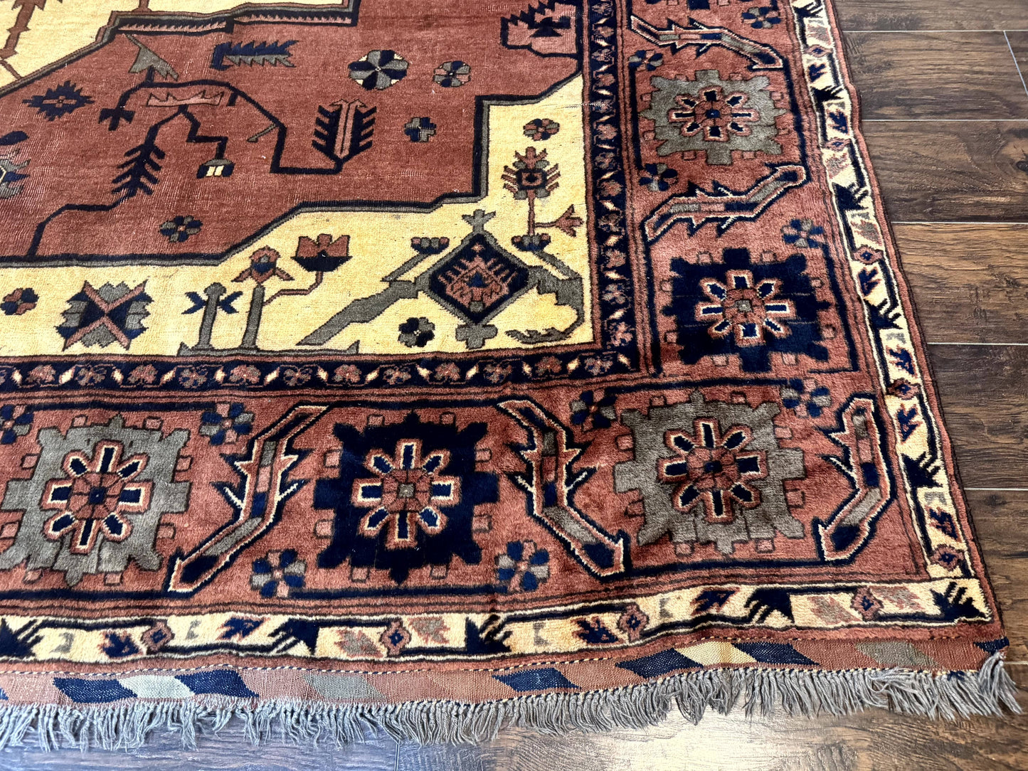 Afghan Heriz Rug 9x12 Vintage Hand Knotted Wool Carpet Tribal Geometric Serapi Rust Cream Navy