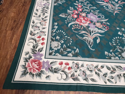 Chinese Needlepoint Rug 8x10 Vintage Green Handwoven Wool Carpet European Floral Living Room Rug