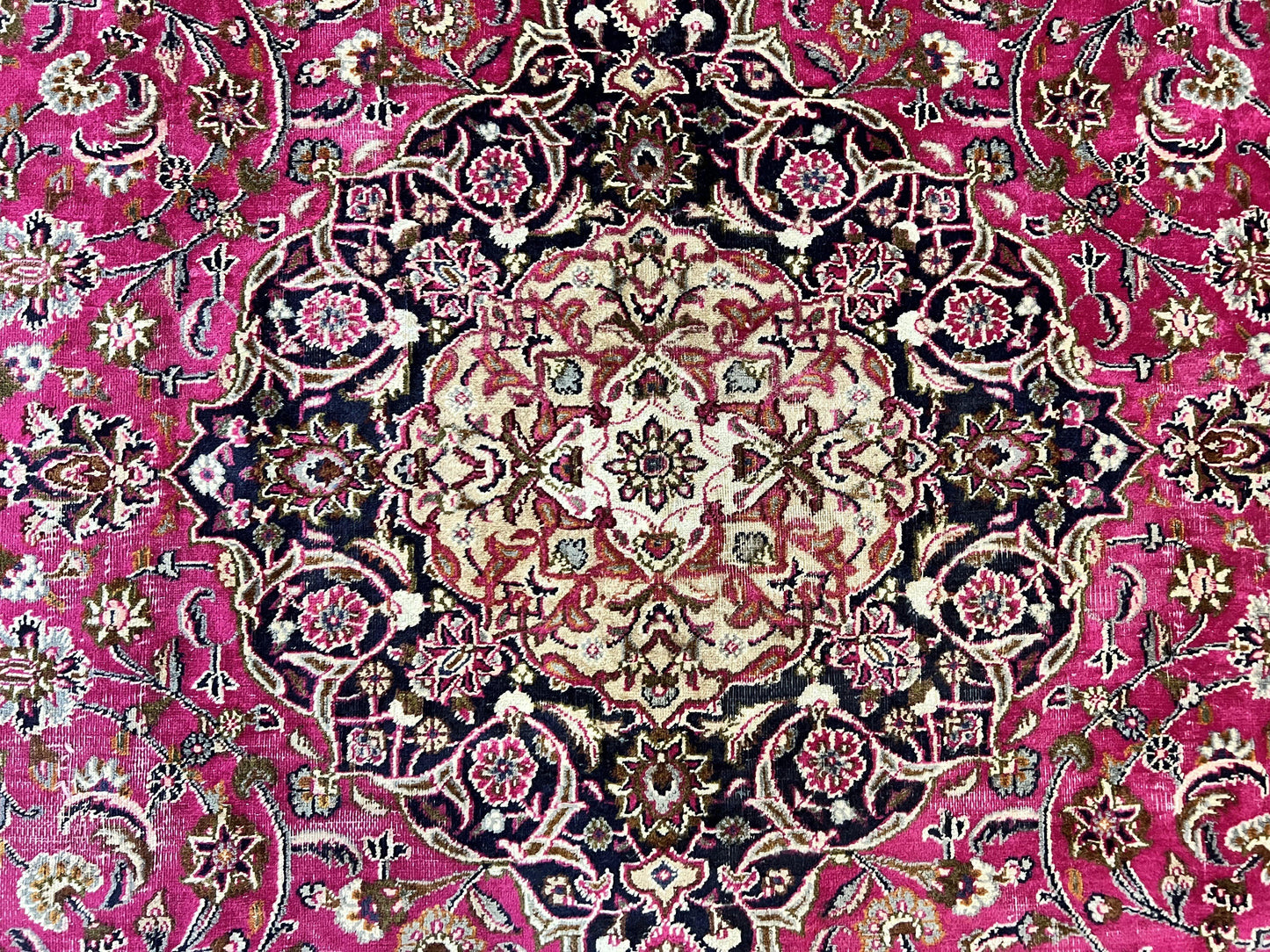 Persian Rug 10x13 Hand Knotted Wool Kashmar Carpet With Floral Medallion In Raspberry Red And Navy Blue