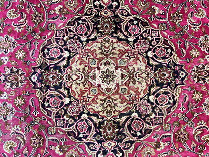 Persian Rug 10x13 Hand Knotted Wool Kashmar Carpet With Floral Medallion In Raspberry Red And Navy Blue