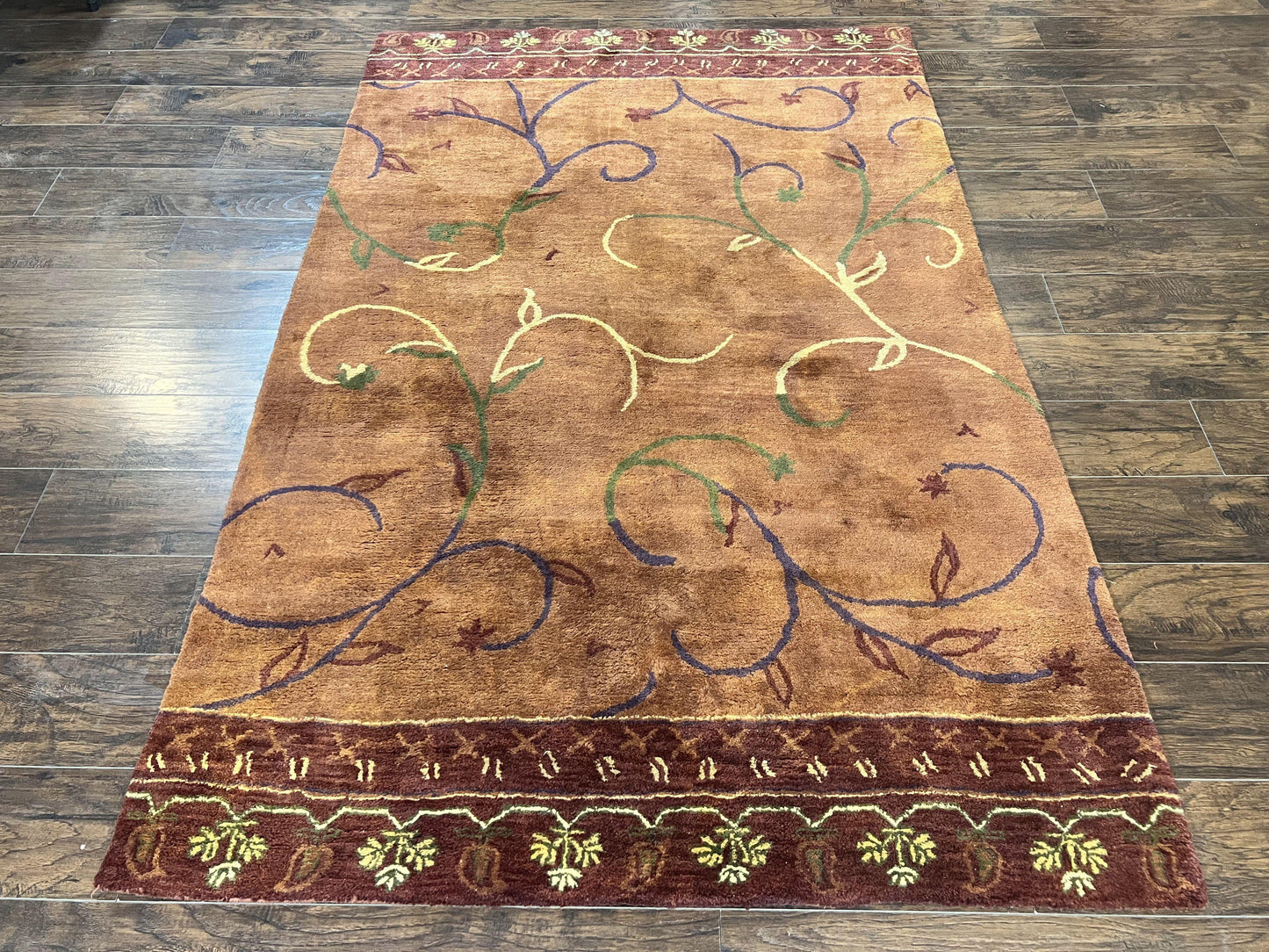 Vintage Hand Tufted Wool Silk Rug 5x8 Rust And Maroon Area Carpet