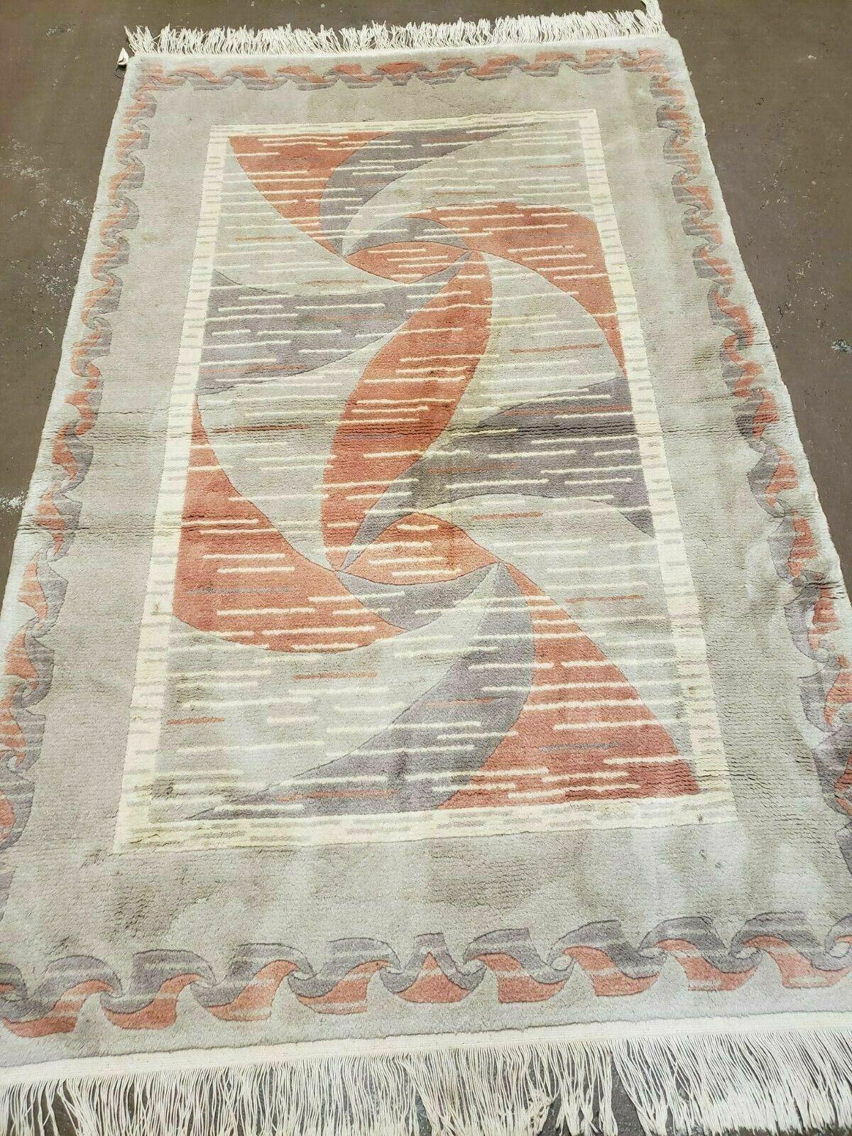 Handmade Chinese Accent Rug 3x5 Silk On Cotton Abstract Contemporary Design Beige And Orange