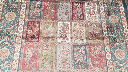 Silk Carpet 4x6 Blue, Panel Design, Four Seasons Pattern, Super Fine & Soft, Bamboo Silk, 4 x 6 Oriental Area Rug, High Quality, New Rug