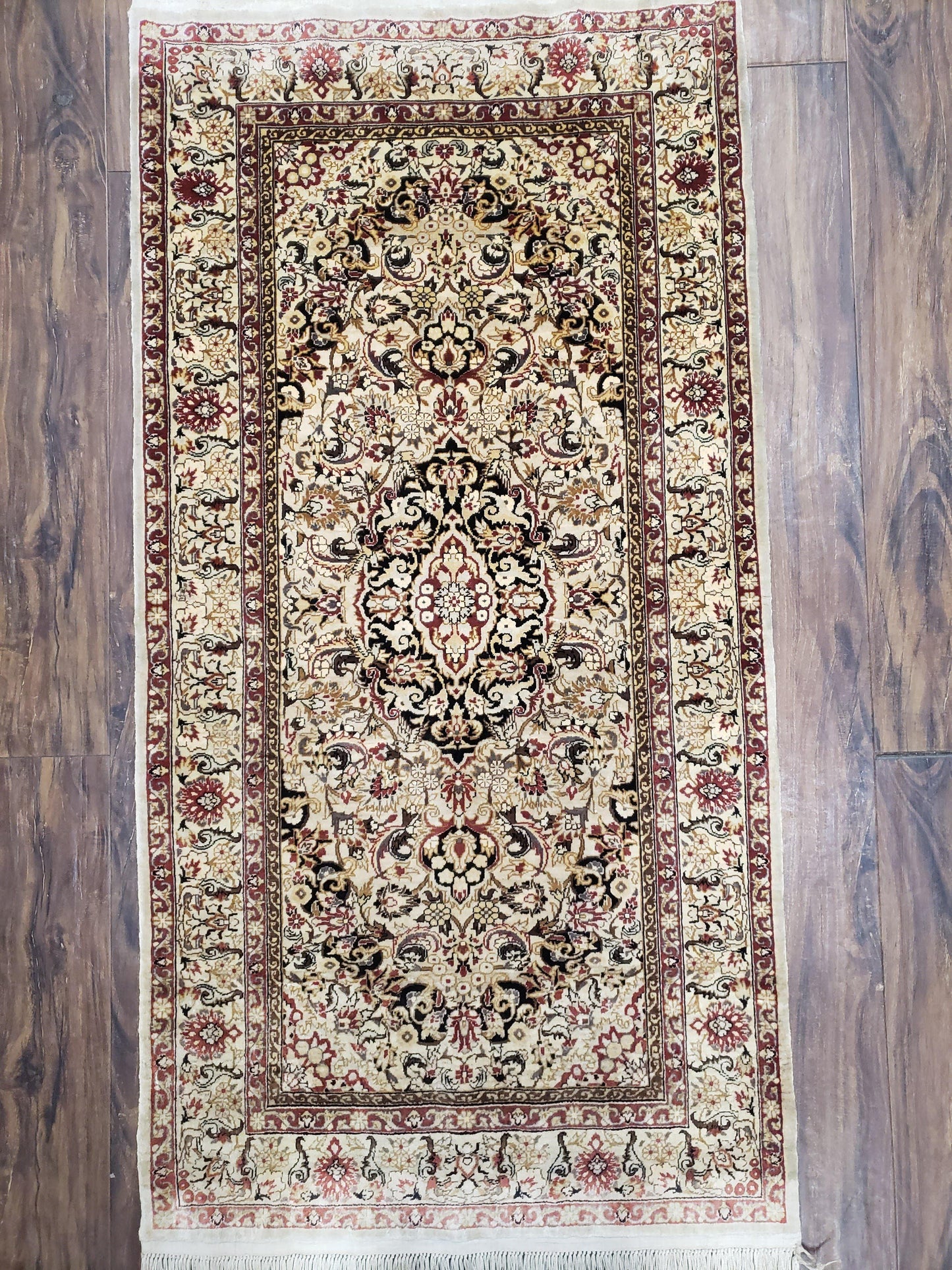 Silk Oriental Rug 1' 7" x 3', Very Fine Silk Carpet, Small Silk Rug, Traditional Floral Medallion, Hand-Knotted Cream Beige Vintage Silk Rug