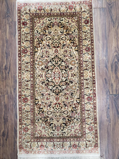 Silk Oriental Rug 1' 7" x 3', Very Fine Silk Carpet, Small Silk Rug, Traditional Floral Medallion, Hand-Knotted Cream Beige Vintage Silk Rug