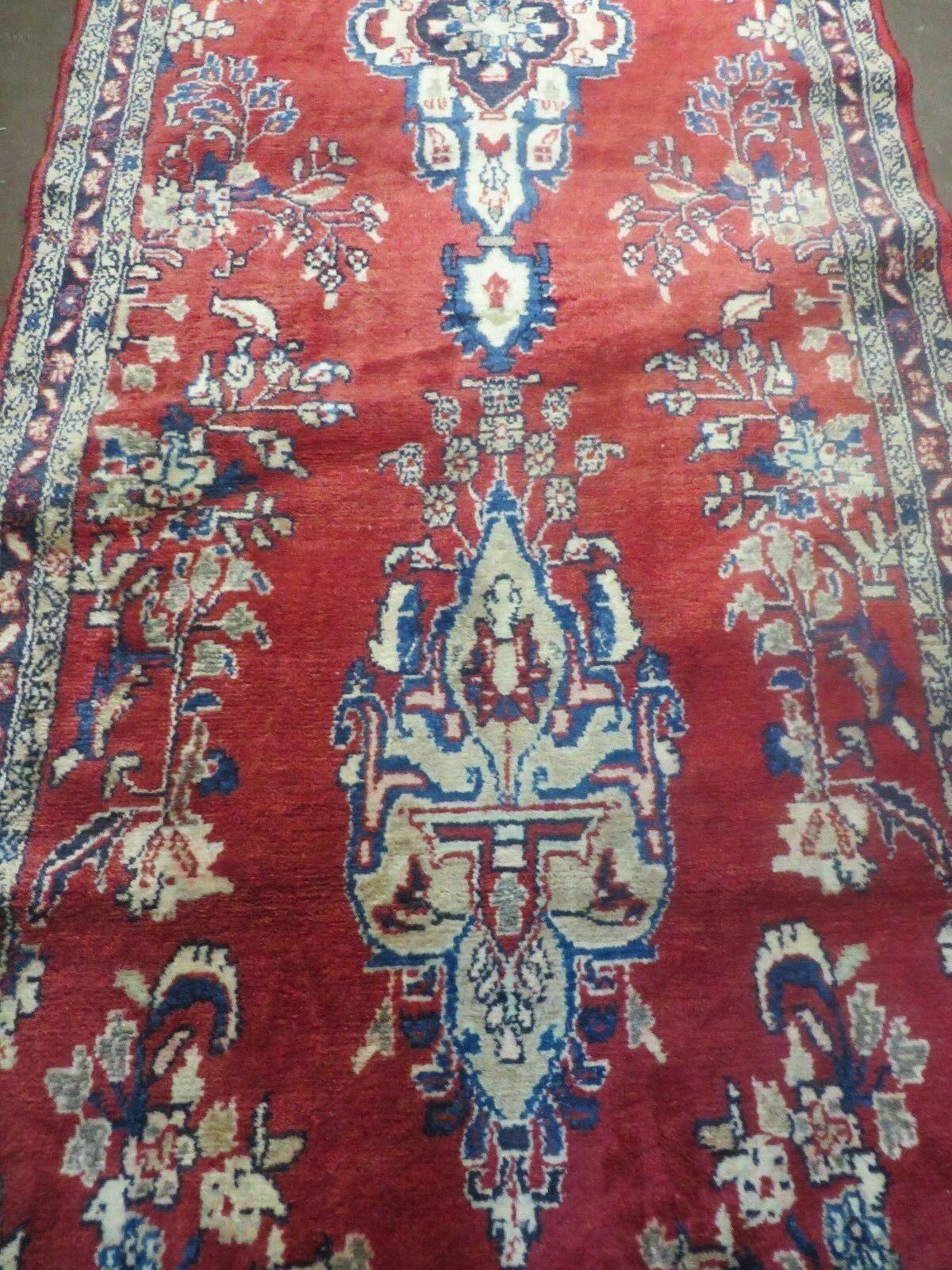 Persian Runner Rug 3 x 12, Antique Wool Oriental Runner, Floral Vases, Red & Navy Blue