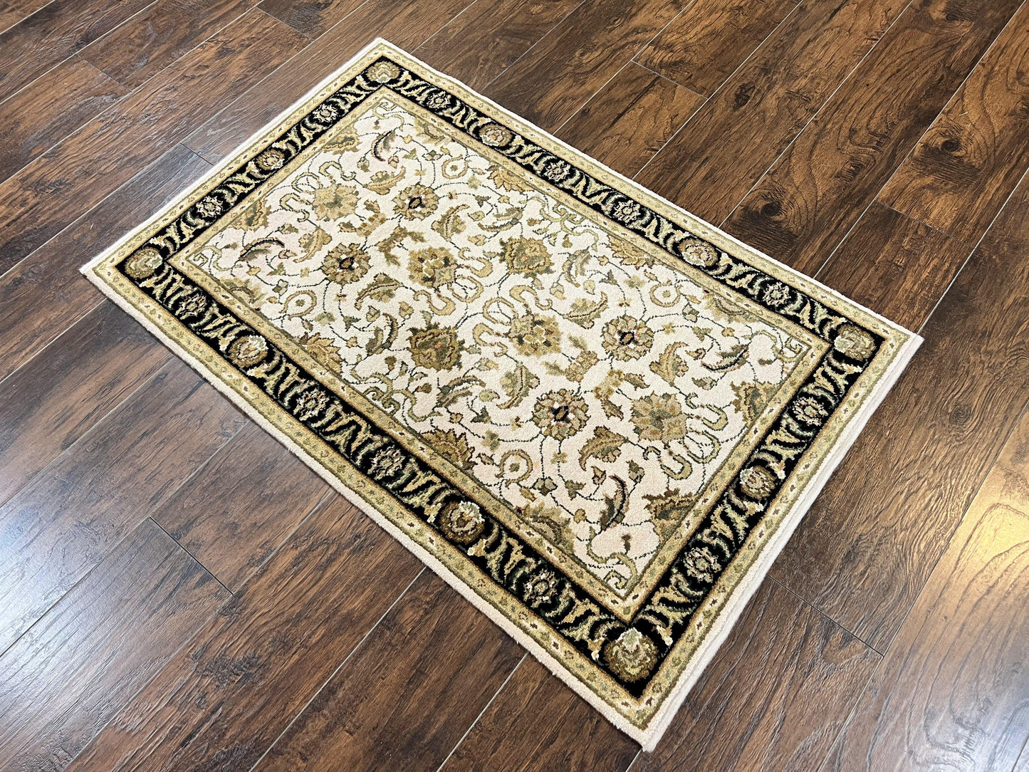 Small Indo Mahal Rug Hand Knotted Wool Vintage Oriental Carpet Beige Tan Black
