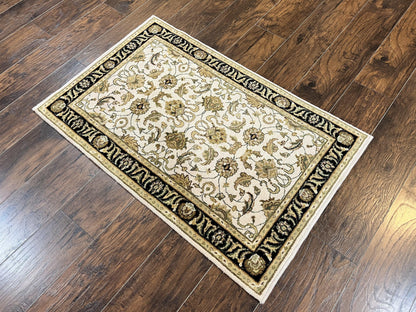 Small Indo Mahal Rug Hand Knotted Wool Vintage Oriental Carpet Beige Tan Black