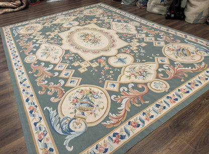 Aubusson Rug 9x12 Muted Sage Green Cream European Design Handwoven Wool