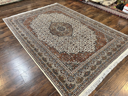 Indo Persian Rug 7x10 ft, Hand Knotted Wool Vintage Oriental Carpet 7 x 10, Traditional Handmade Herati Bidjar Cream Rug, Medallion Rug