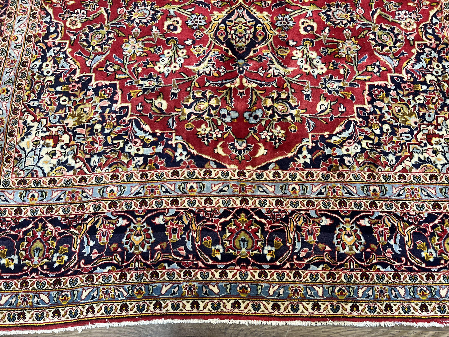 Persian Kashan Rug 9x12 Handmade Wool Oriental Carpet With Floral Medallion And Corner Design