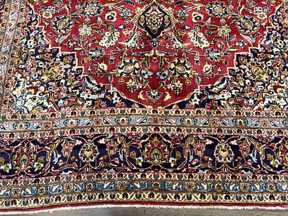 Persian Kashan Rug 9x12 Handmade Wool Oriental Carpet With Floral Medallion And Corner Design