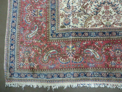 Persian Tabriz Rug 8x10, Antique Authentic Wool Oriental Carpet 8 x 10 ft, Bird Motifs Floral Boteh Paisleys, Cream Red Blue Vintage Handmade Rug
