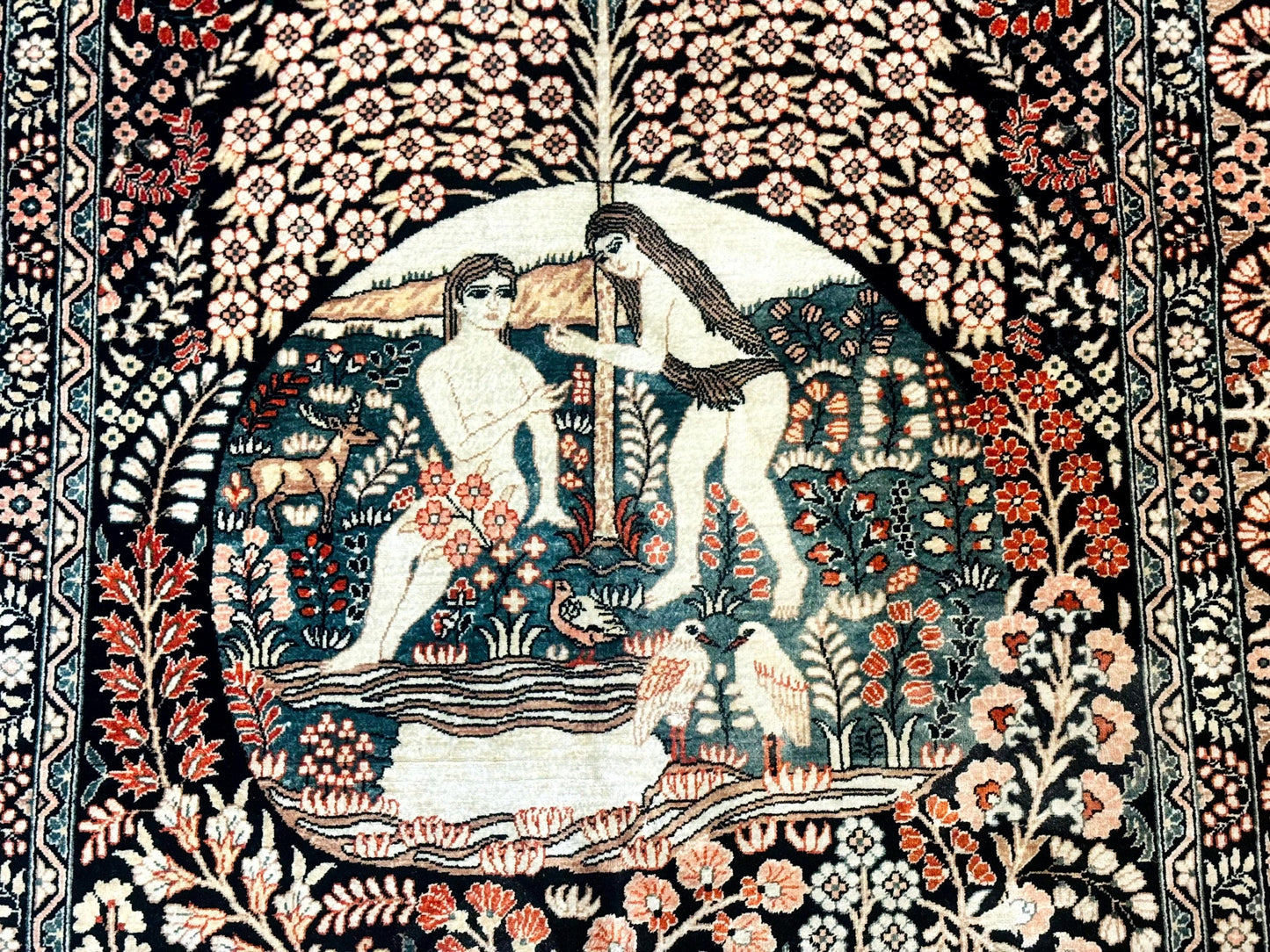 Stunning Sino Persian Pictorial Rug 2.7 x 4, Garden of Eden Adam & Eve Tree of Life Design, Extremely Fine 580 KPSI, Masterpiece