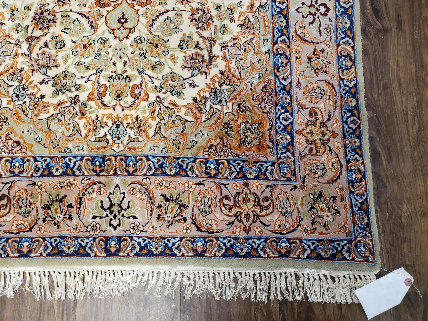 Premium Persian Isfahan Lachak Toranj Rug Hand Knotted Kork Wool On Silk Beige And Dark Blue 3 Ft 6 In By 5 Ft 4 In