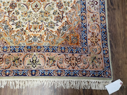Premium Persian Isfahan Lachak Toranj Rug Hand Knotted Kork Wool On Silk Beige And Dark Blue 3 Ft 6 In By 5 Ft 4 In
