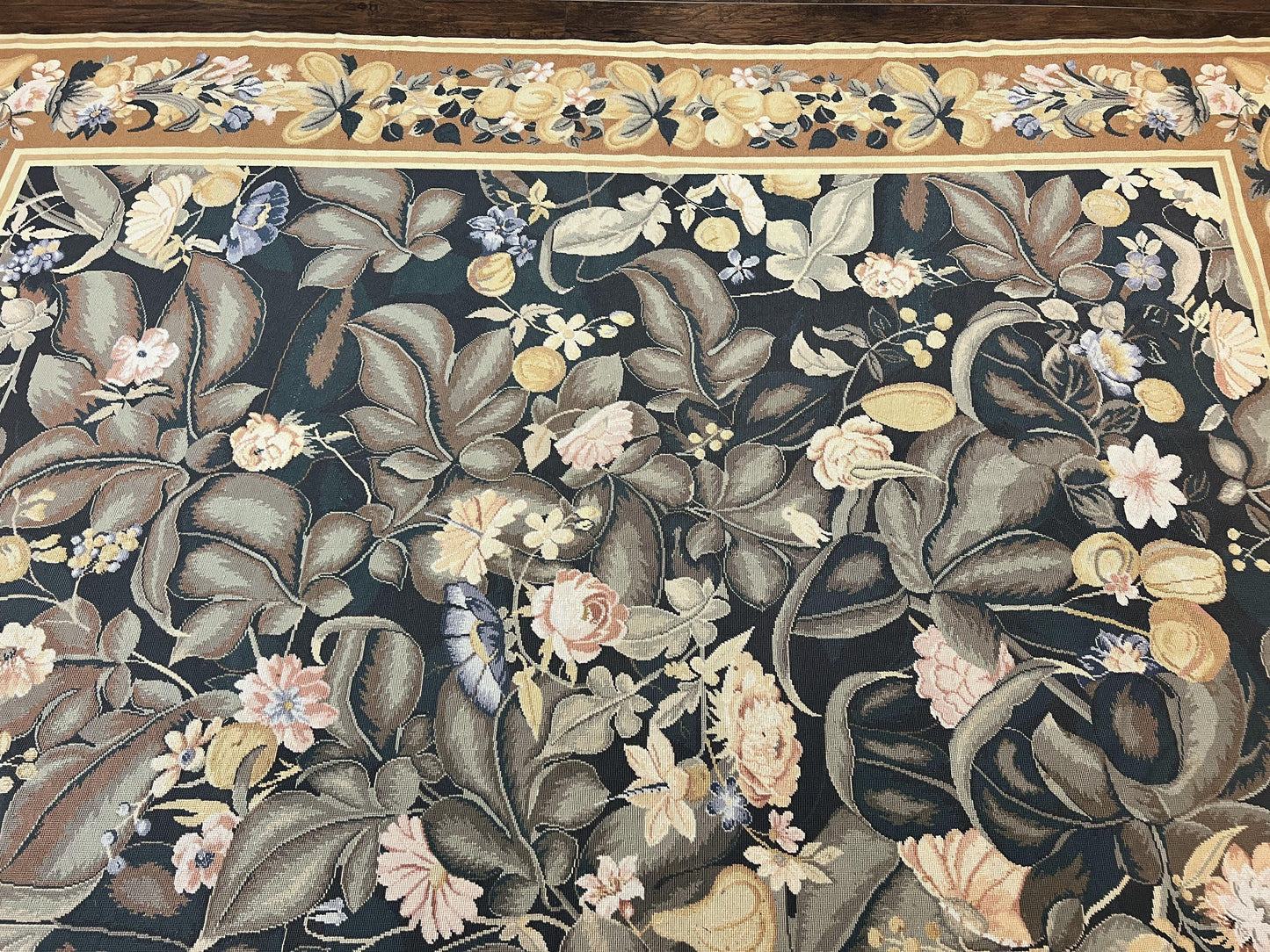 Large Needlepoint Rug 9x13, Handmade Wool Flatweave Vintage Rug, Leaves, Green