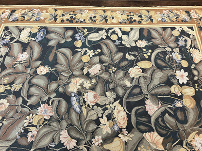 Large Needlepoint Rug 9x13, Handmade Wool Flatweave Vintage Rug, Leaves, Green