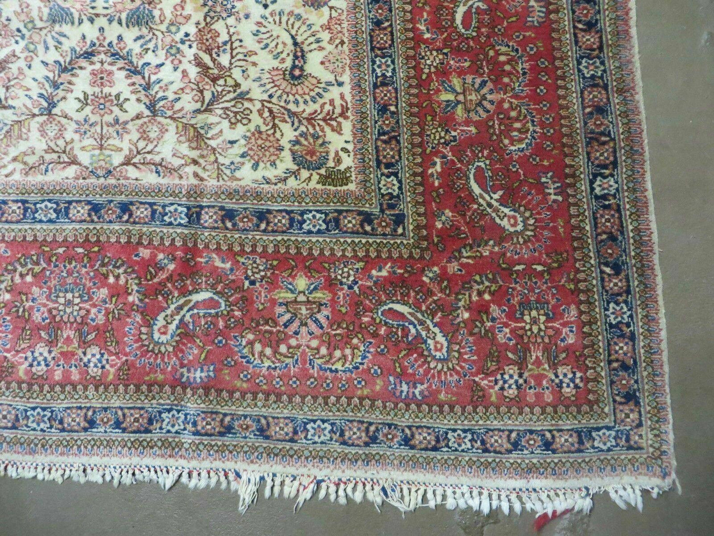 Persian Tabriz Rug 8x10, Antique Authentic Wool Oriental Carpet 8 x 10 ft, Bird Motifs Floral Boteh Paisleys, Cream Red Blue Vintage Handmade Rug