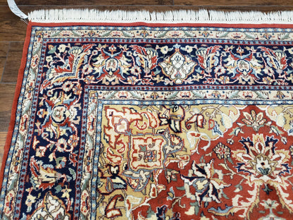 Vintage Indo Persian Oriental Rug 6 x 9.6, Wool Hand-Knotted Red Dark Blue & Gold Indian Carpet, 6 x 9 Office Room Rug, Floral Medallion