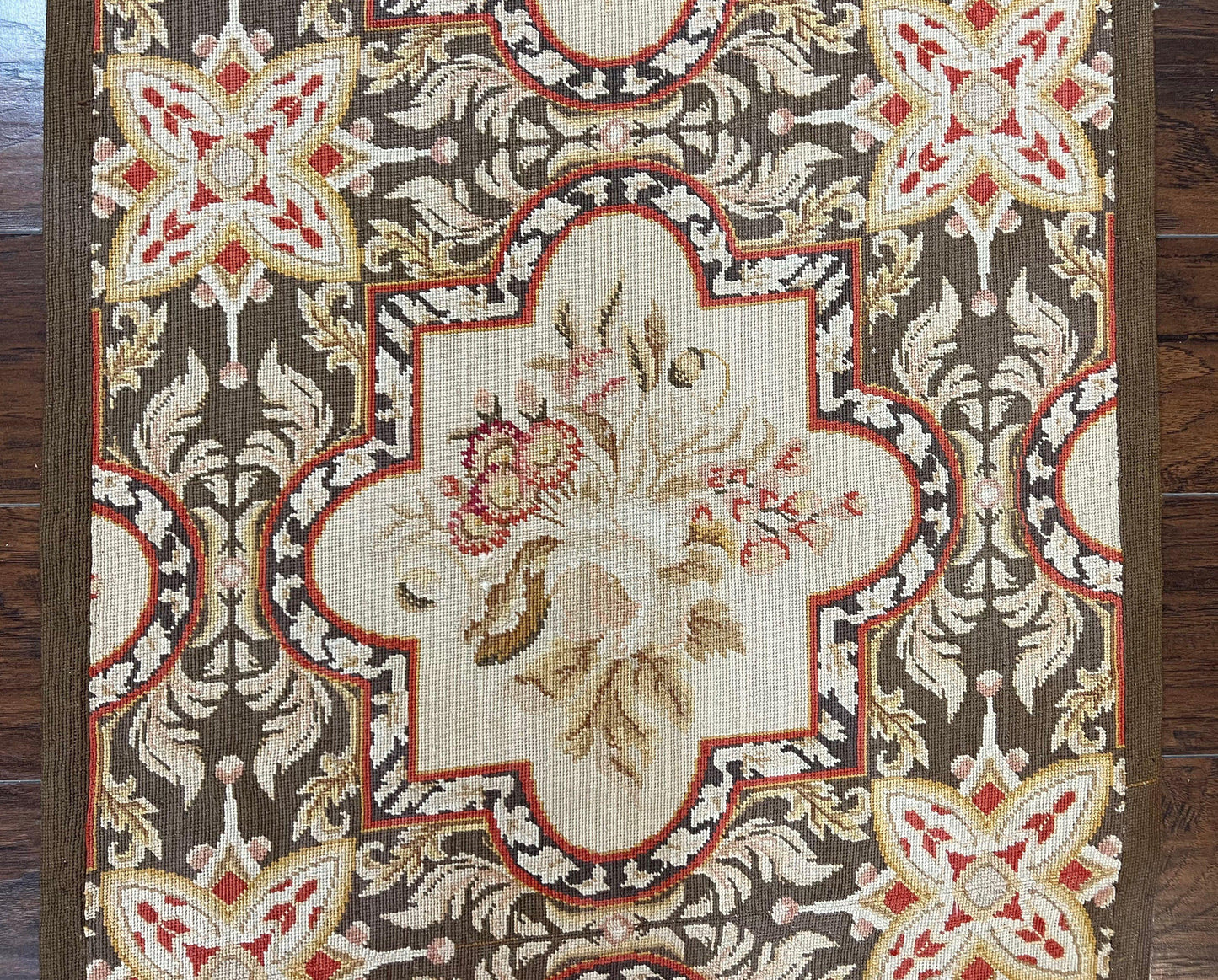 Needlepoint Runner Rug 9.8 Ft Handwoven Wool Floral Brown Beige European Design