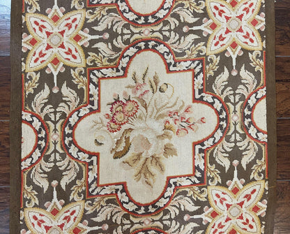 Needlepoint Runner Rug 9.8 Ft Handwoven Wool Floral Brown Beige European Design