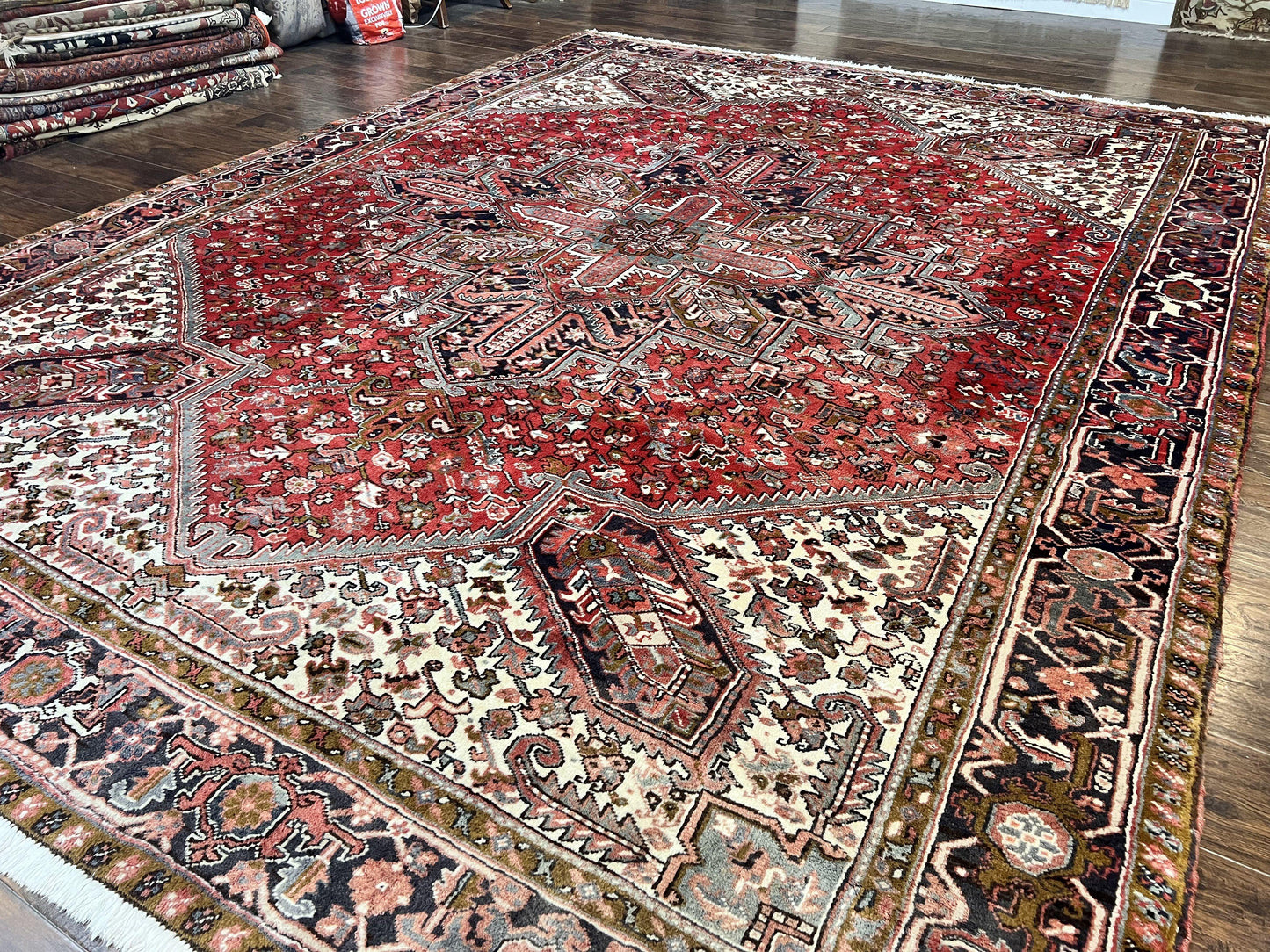 Large Persian Heriz Rug 10x13, Wool Hand Knotted Antique Carpet, Red and Ivory, Geometric Tribal Room Sized Rug, Decorative Oriental Rug