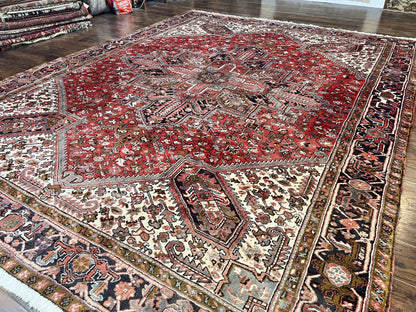 Large Persian Heriz Rug 10x13, Wool Hand Knotted Antique Carpet, Red and Ivory, Geometric Tribal Room Sized Rug, Decorative Oriental Rug