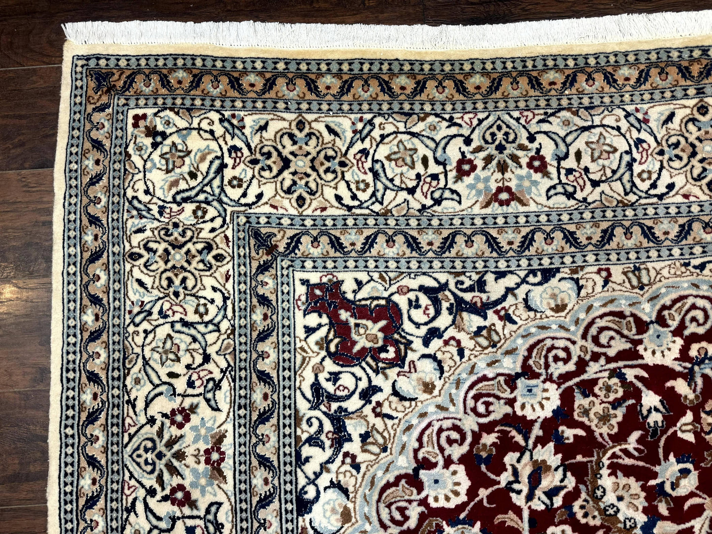 Persian Nain Rug 8x11 Wool Silk Highlights Burgundy Ivory Floral Medallion