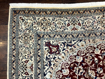 Persian Nain Rug 8x11 Wool Silk Highlights Burgundy Ivory Floral Medallion