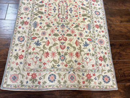 Hand Stitched Indian Rug Floral Vintage Wool Area Rug 4x5 Hand Embroidered