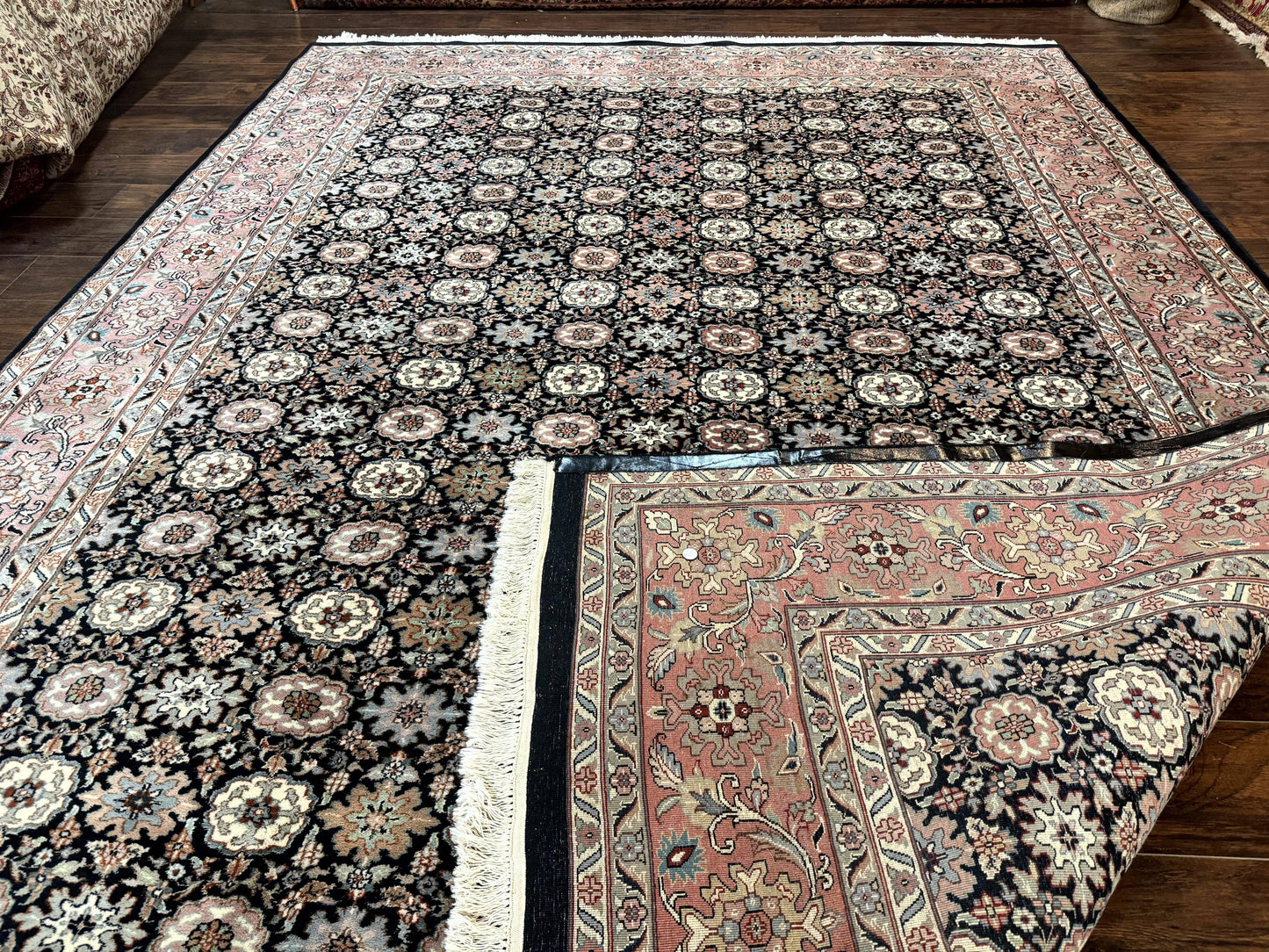 Indo Persian Rug 9x12, Vintage Handmade Wool Carpet, Repeated Allover Motif, Navy Blue and Pink