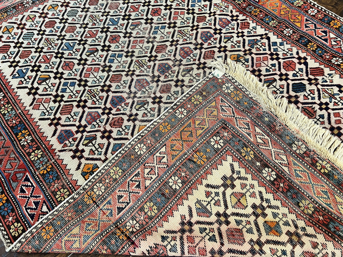 Antique Caucasian Shirvan Rug 4x5 Hand Knotted Wool Oriental Carpet Ivory Red Allover Pattern