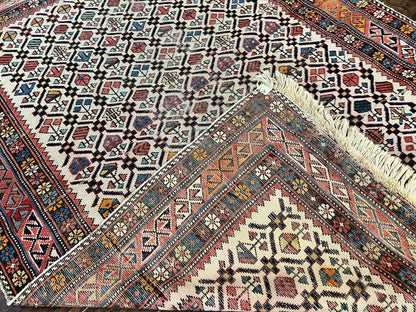 Antique Caucasian Shirvan Rug 4x5 Hand Knotted Wool Oriental Carpet Ivory Red Allover Pattern