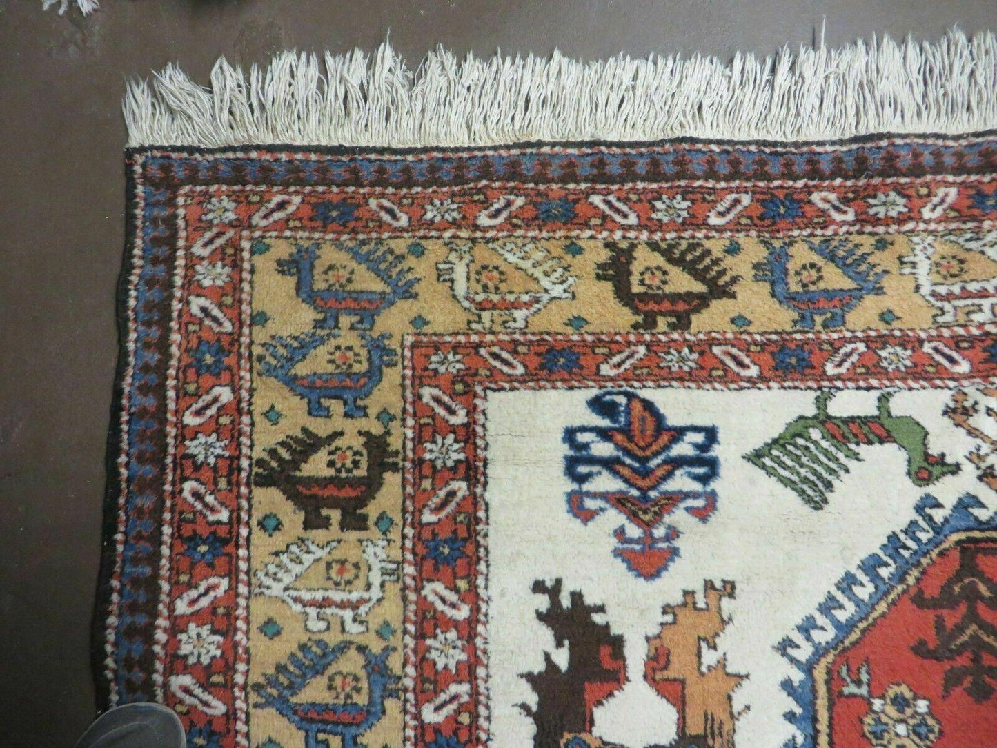 Turkish Knotted Wool Rug Vintage 7x10 Birds Animal Ivory Handmade Organic