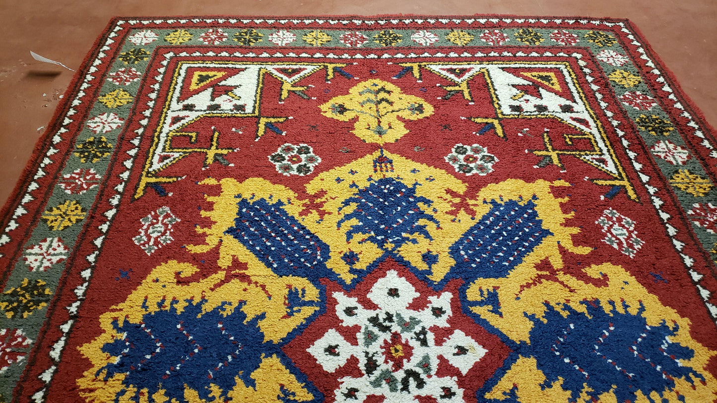 Moroccan Heriz Rug 6x9 Large Central Medallion Red Yellow Blue Colorful Wool Area Rug