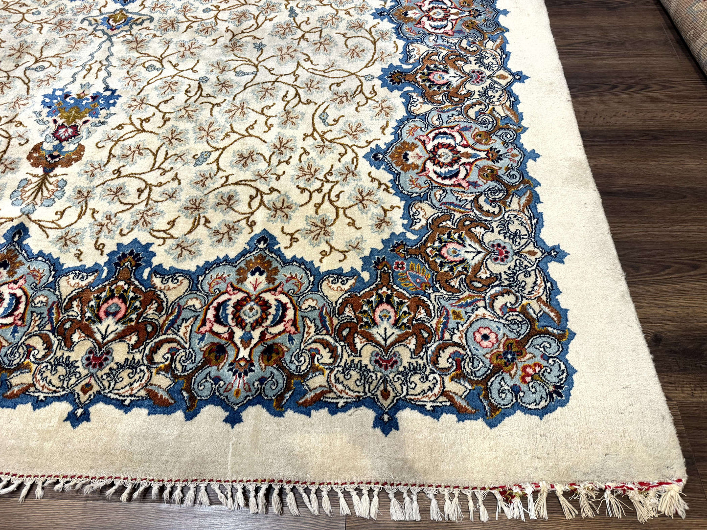 Persian Kashan Rug Hand Knotted Wool 9 X 12.6 Ivory And Blue Floral Medallion Semi Antique Carpet
