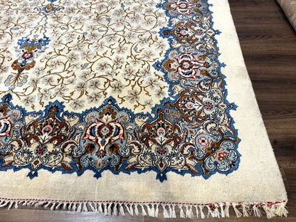 Persian Kashan Rug Hand Knotted Wool 9 X 12.6 Ivory And Blue Floral Medallion Semi Antique Carpet
